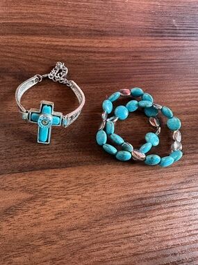 Handmade Cross 9mm Casing End + Faux Turquoise Stone Bracelets